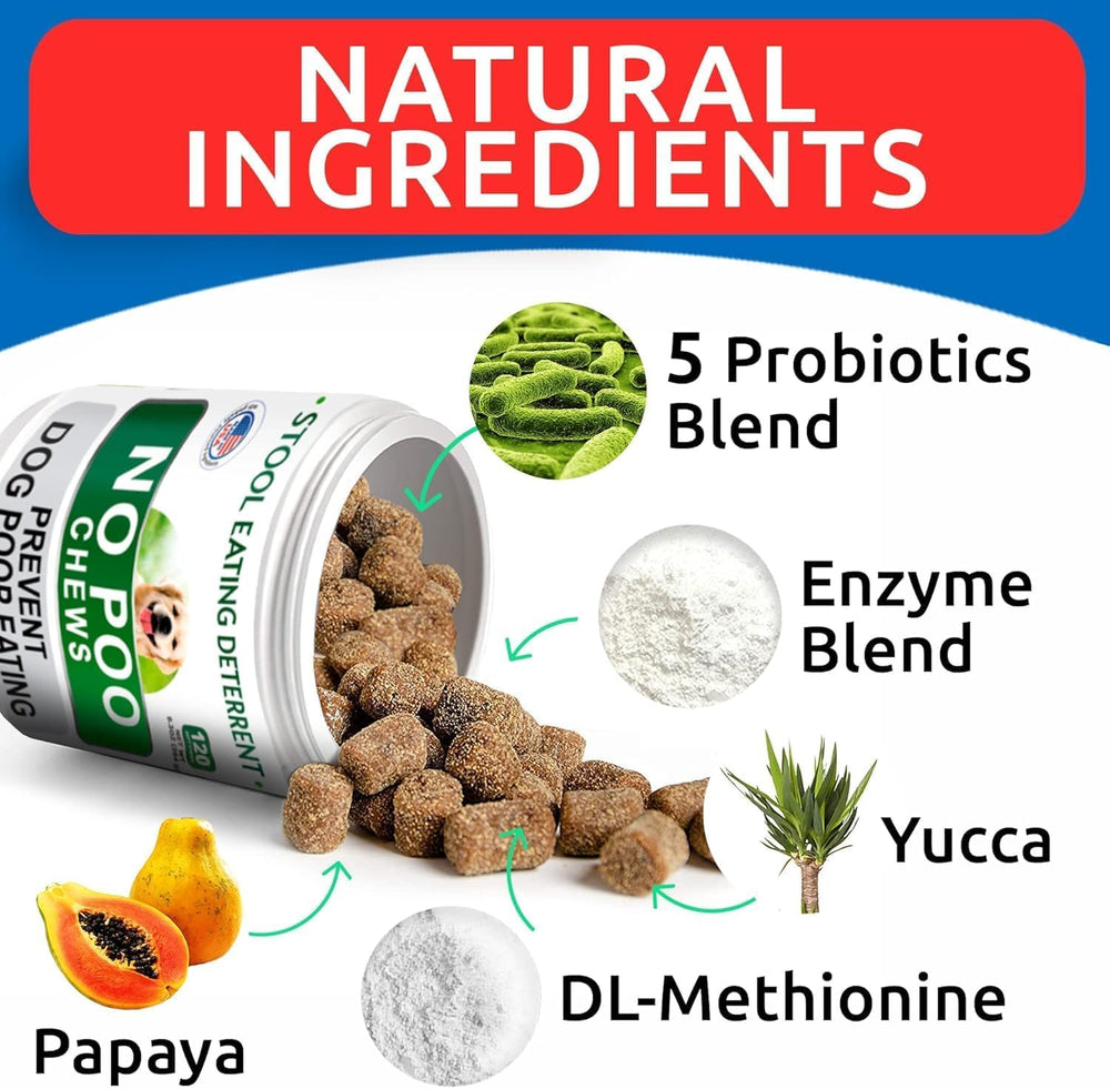 BARK&SPARK No Poo Chews bottle features probiotics and enzymes for digestion.