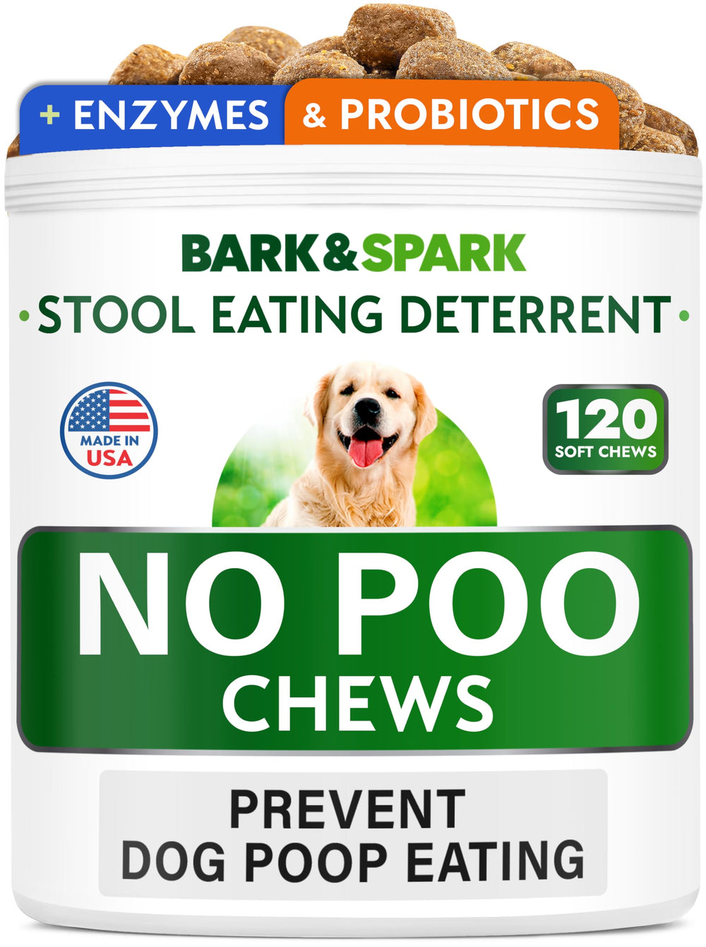 BARK&SPARK No Poo Treats jar showing digestion-support packaging.