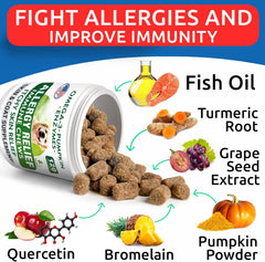 BARK&SPARK allergy blend bottle highlights quercetin, bromelain and turmeric for immune balance.
