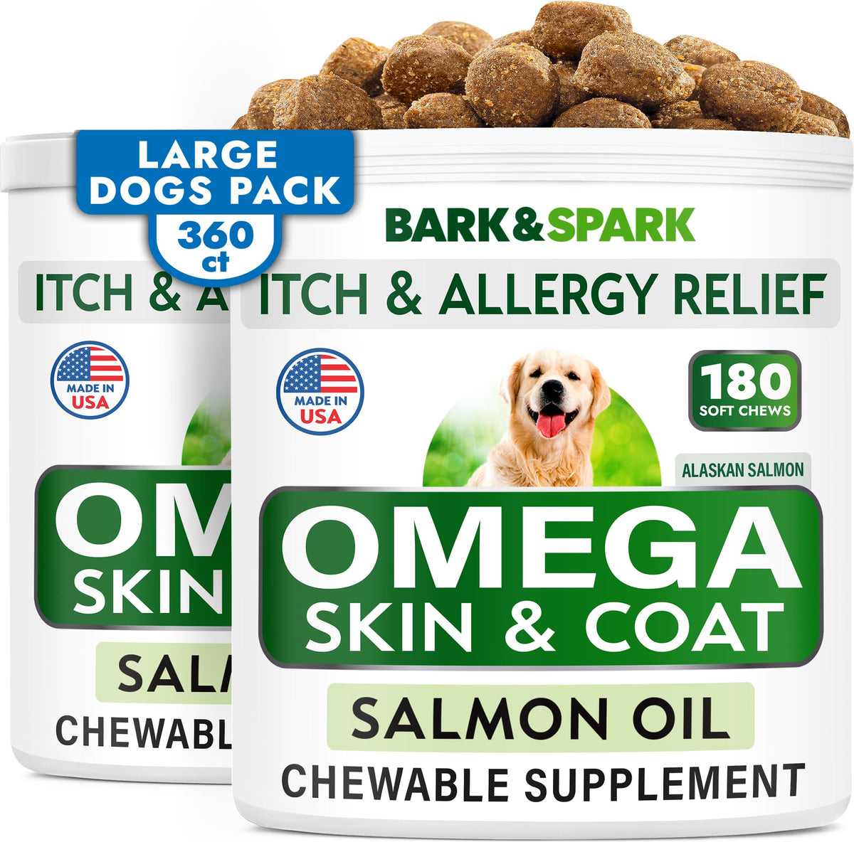 BARK&SPARK Omega-3 dog treats bottle boosts skin and coat wellness.