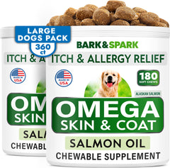BARK&SPARK Omega-3 dog treats bottle boosts skin and coat wellness.