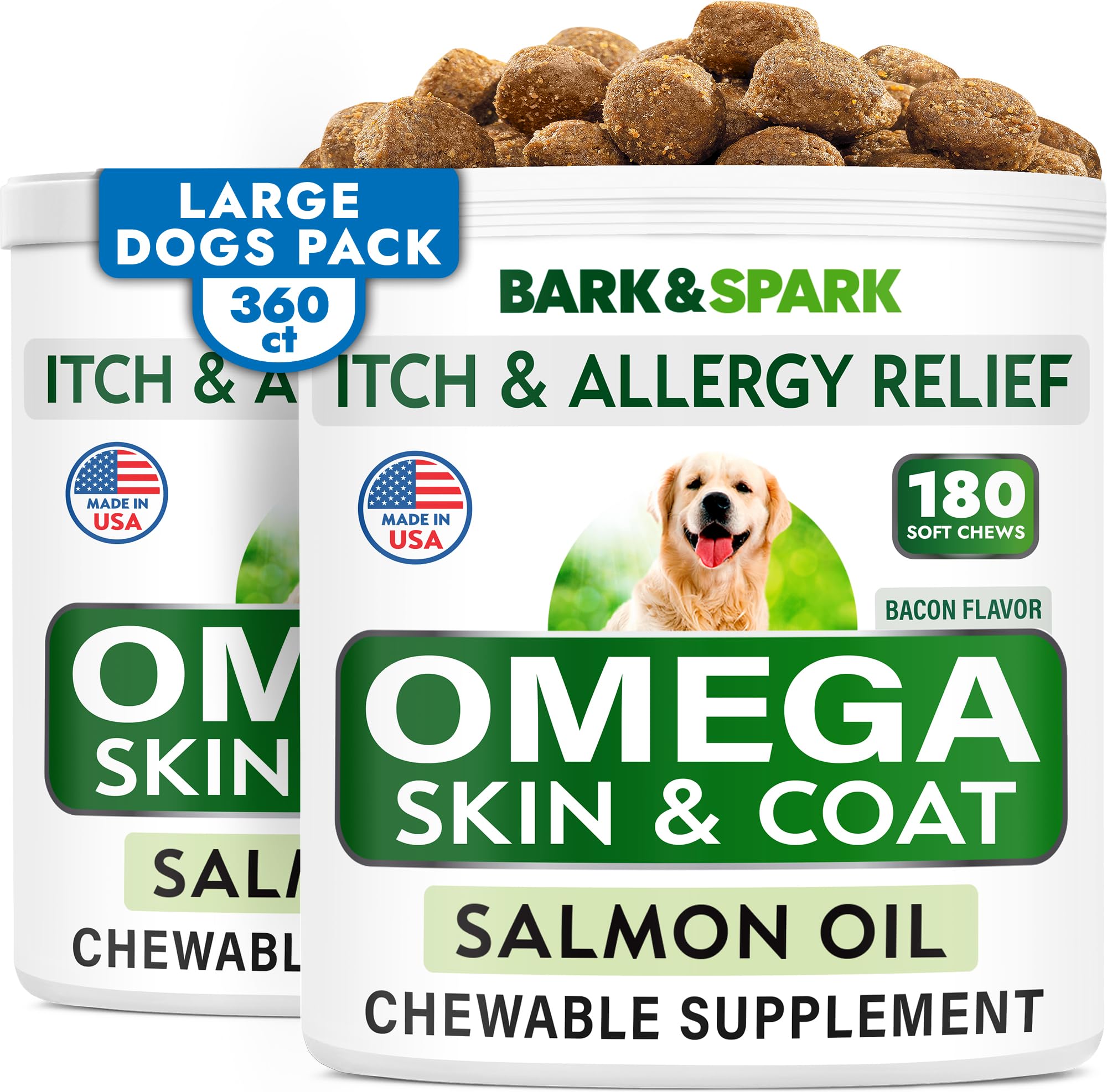 BARK&SPARK Omega-3 dog treats pack supports healthy skin and coat.