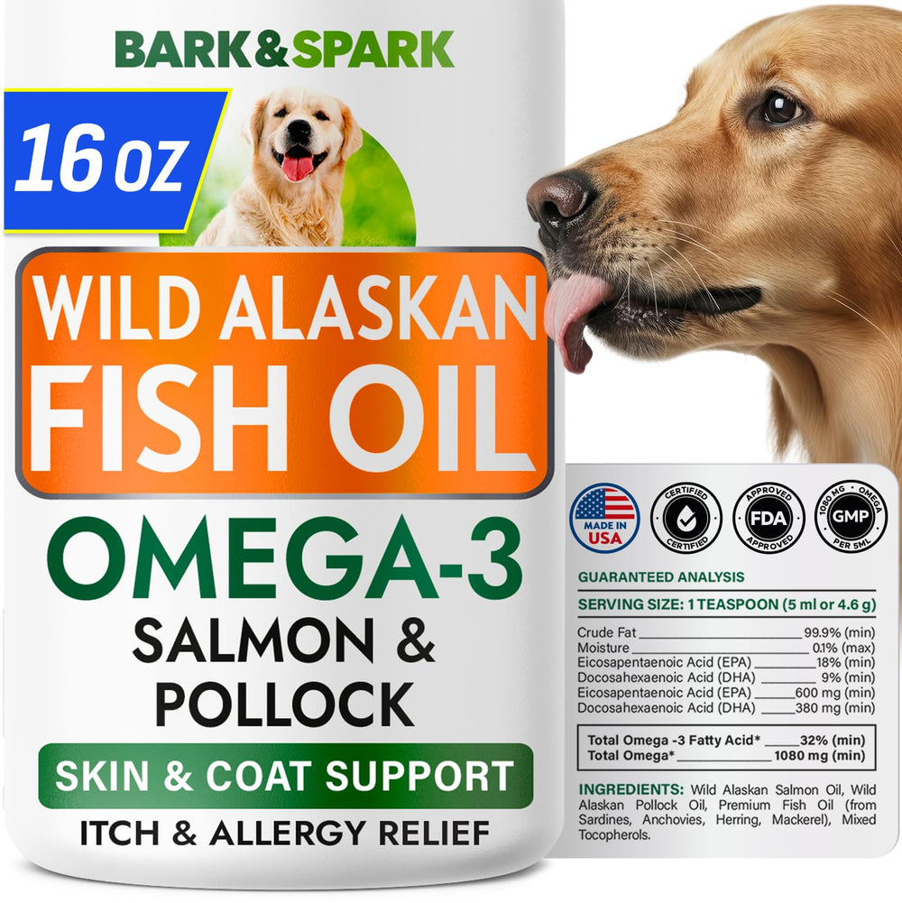 BARK&SPARK Omega 3 bottle with pump for dogs, easy to mix into meals.