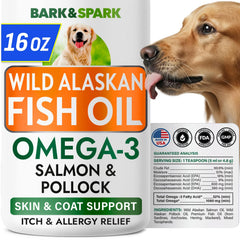 BARK&SPARK Omega 3 bottle with pump for dogs, easy to mix into meals.