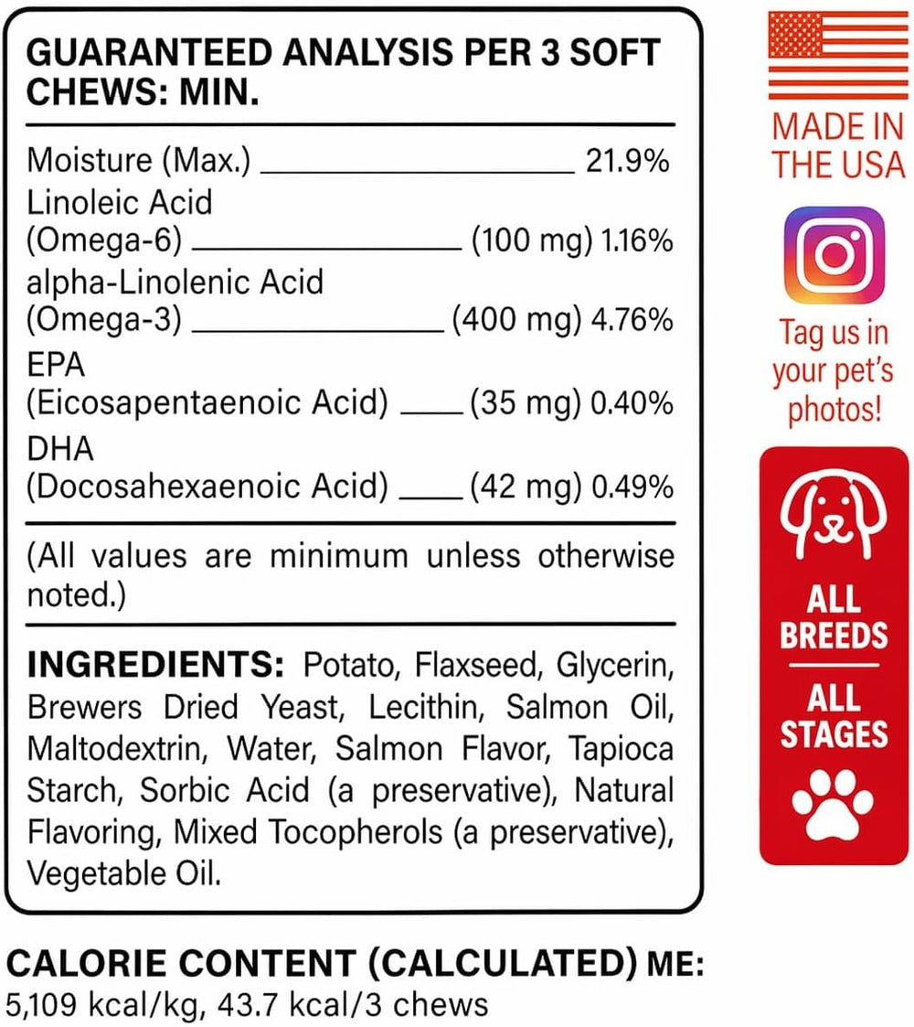 BARK&SPARK Omega 3 treats jar back showing ingredients and USA-made quality