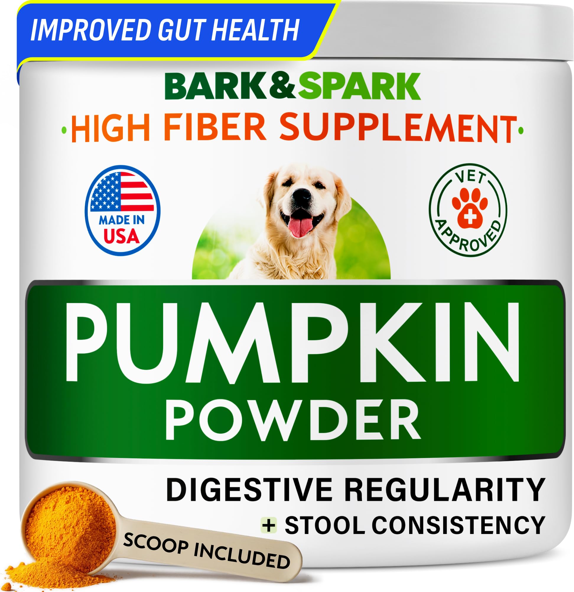 BARK&SPARK Pumpkin Powder jar shows natural fiber for dogs' digestion