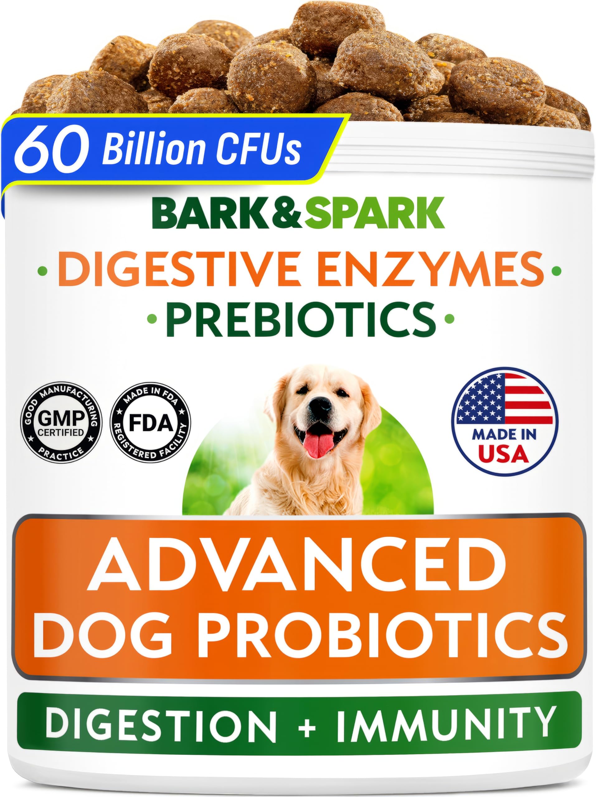 Bark&Spark Vet Strength probiotic jar front promotes daily gut health.