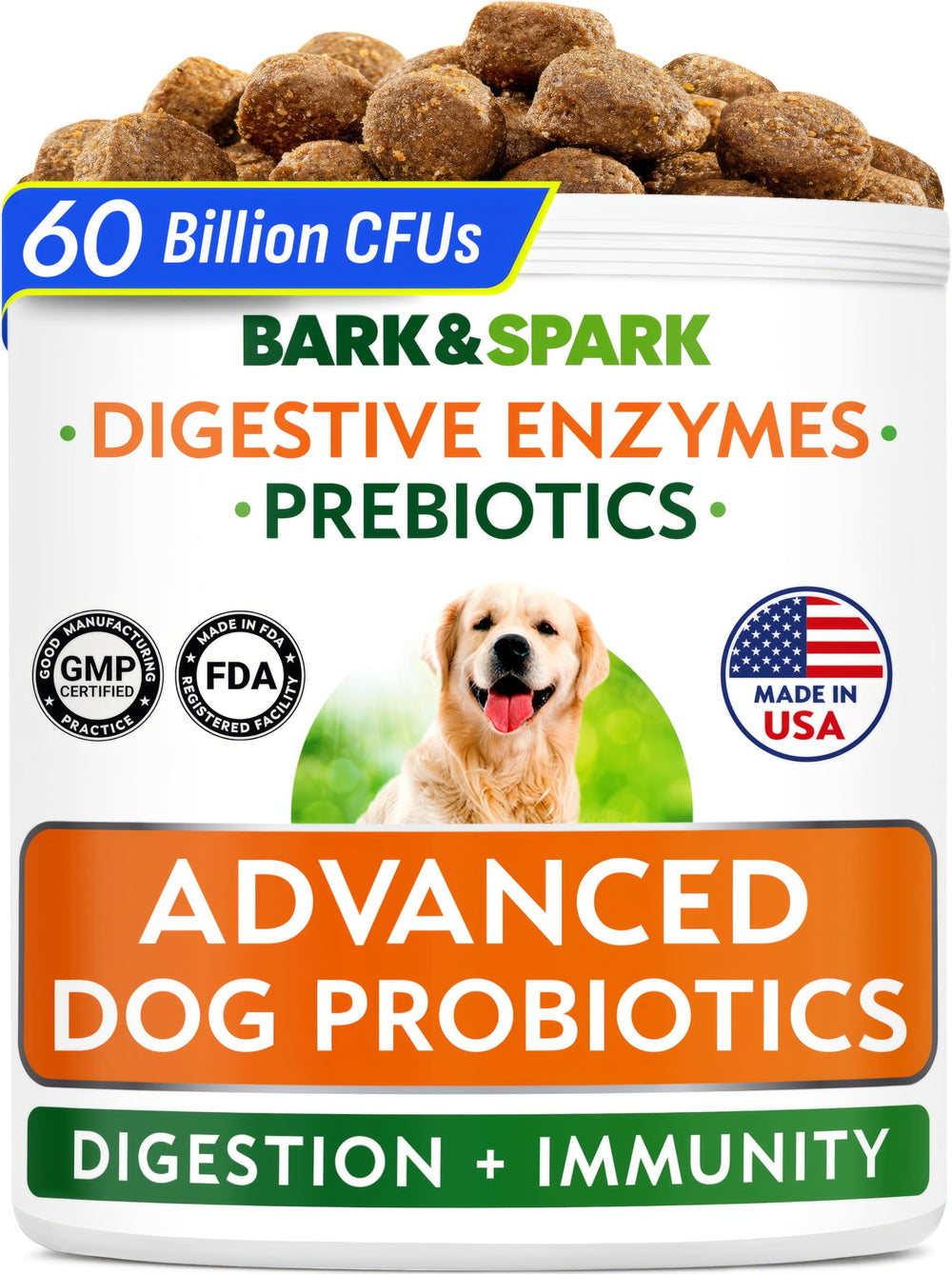 Bark&Spark Vet Strength probiotic jar front promotes daily gut health.