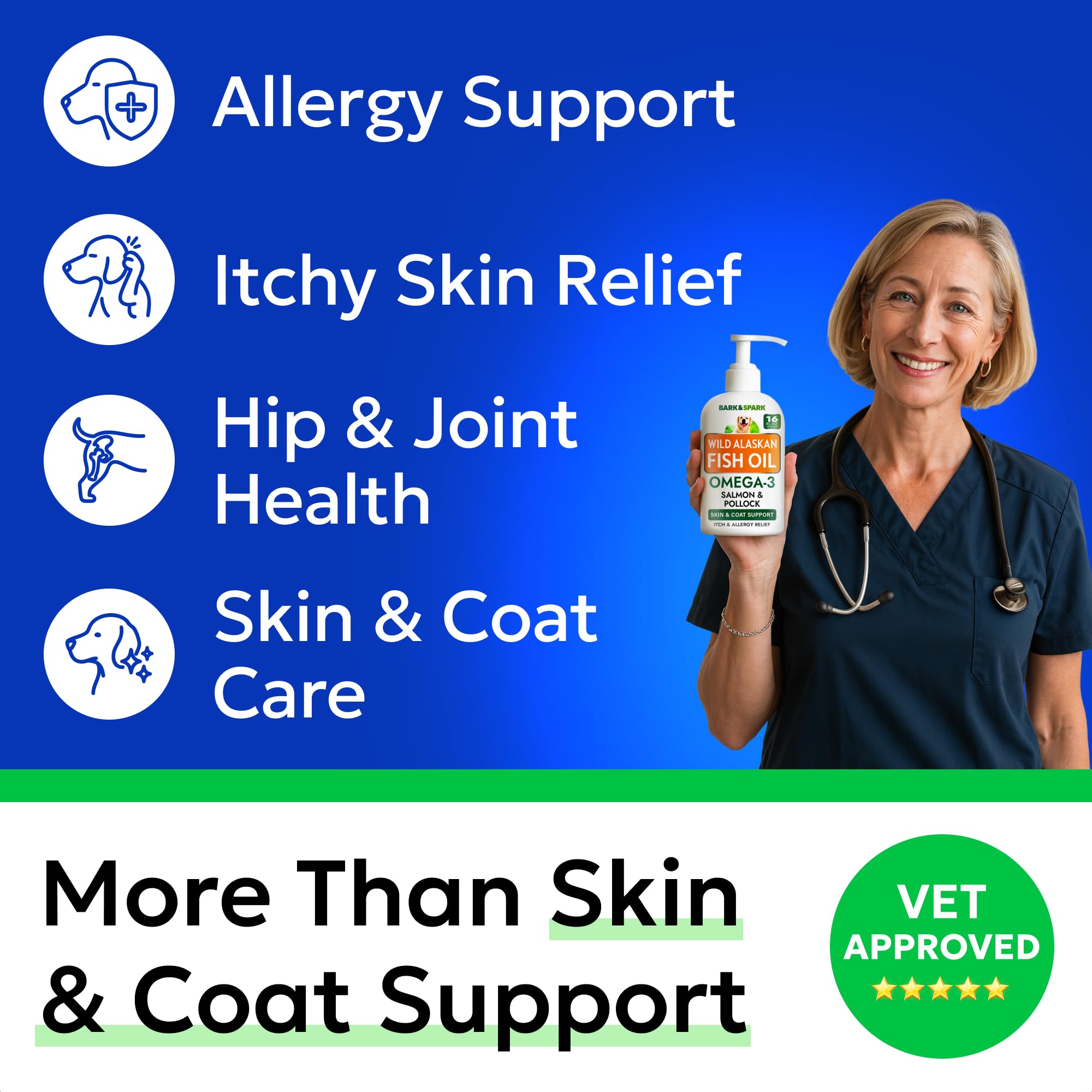 BARK&SPARK wild Alaskan salmon oil bottle for dogs, supports skin and coat health.
