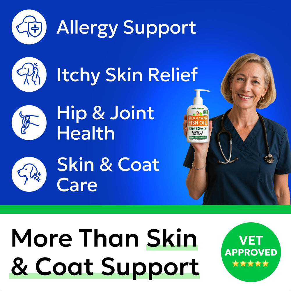 BARK&SPARK wild Alaskan salmon oil bottle for dogs, supports skin and coat health.