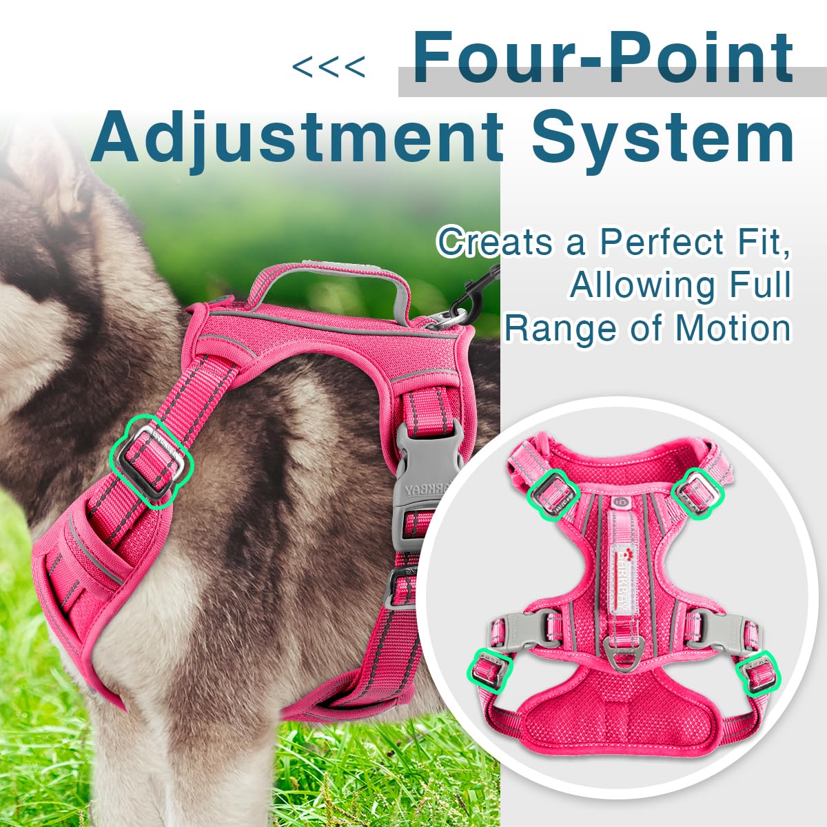BARKBAY adjustable-fit pink harness provides a snug, secure feel.