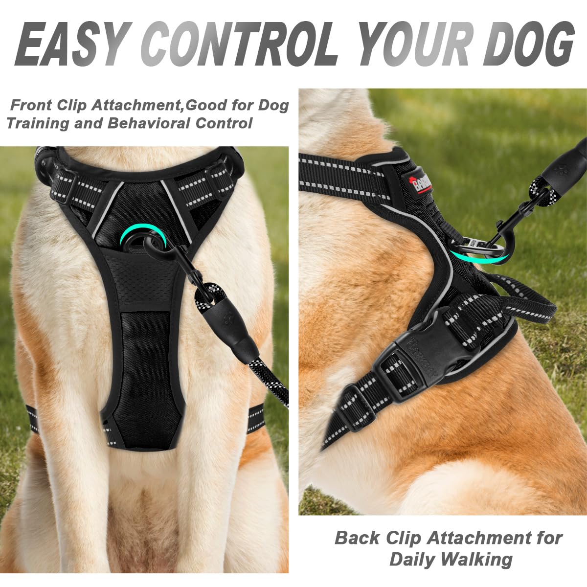 BARKBAY harness front clip close-up with padding for comfort.