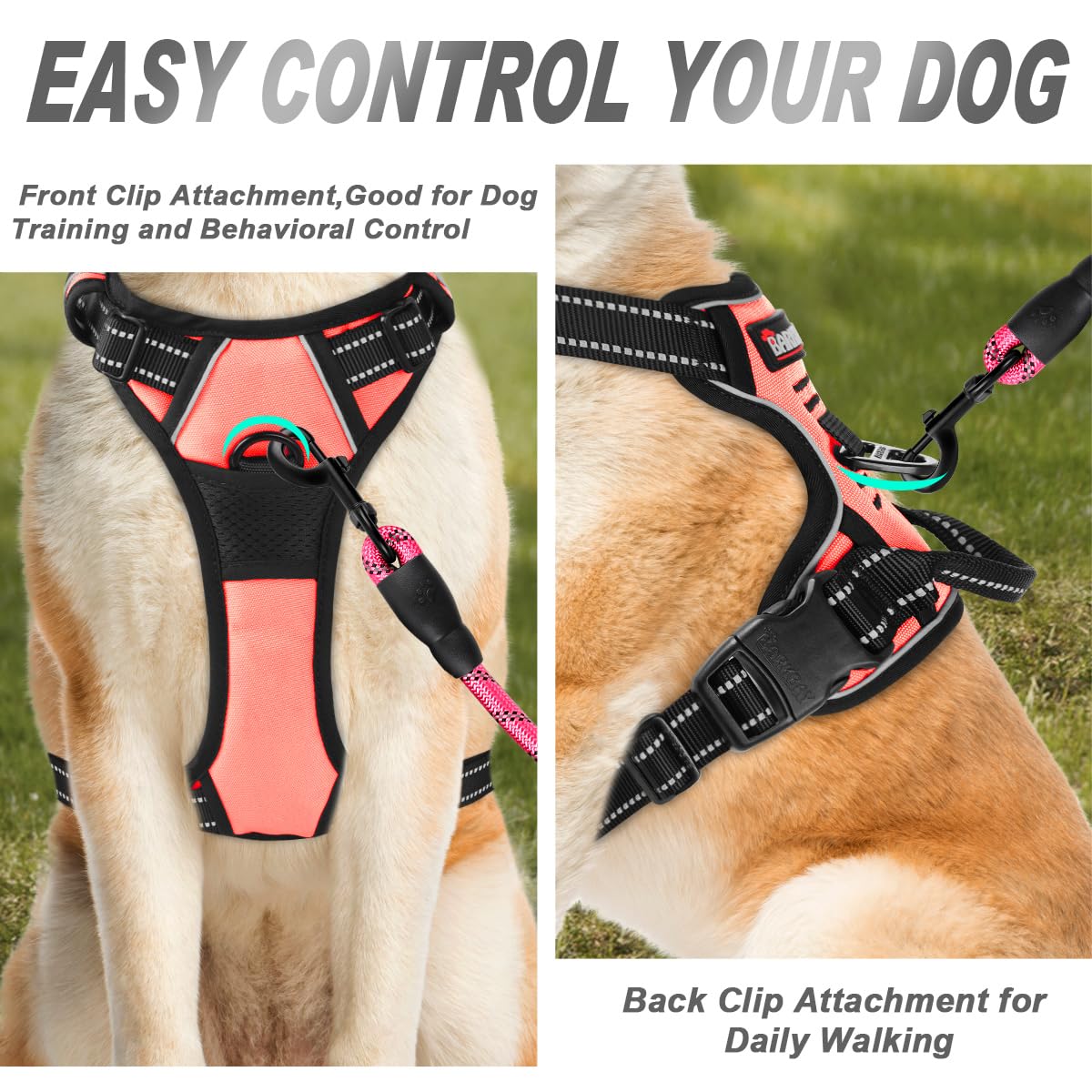BARKBAY heavy-duty dog harness in light pink for large breeds