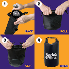 BarkBliss water-resistant bag holder protects contents in rain during outdoor use.