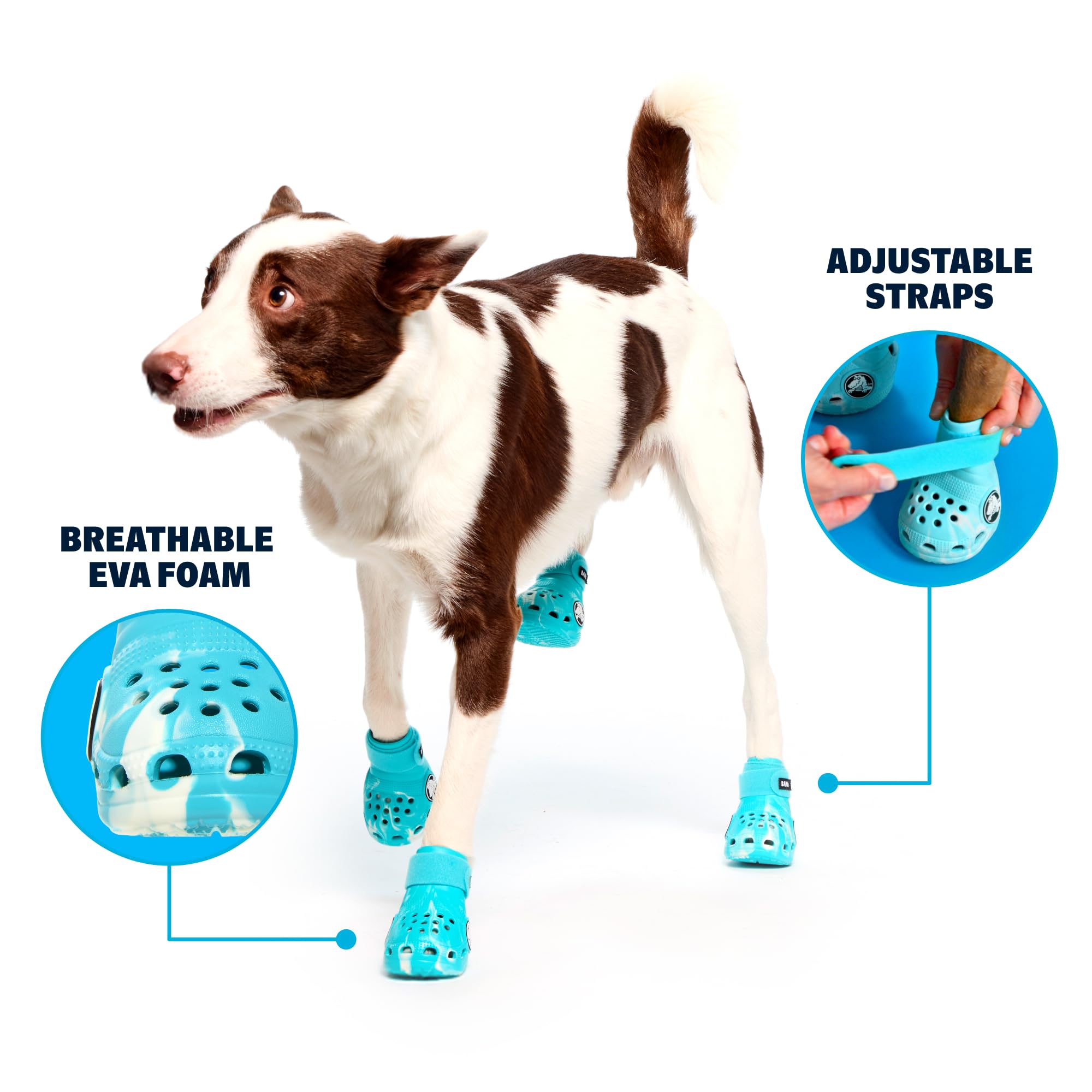 BarkBox Aqua Crocs with adjustable strap ensure a secure, comfortable fit during daily walks.