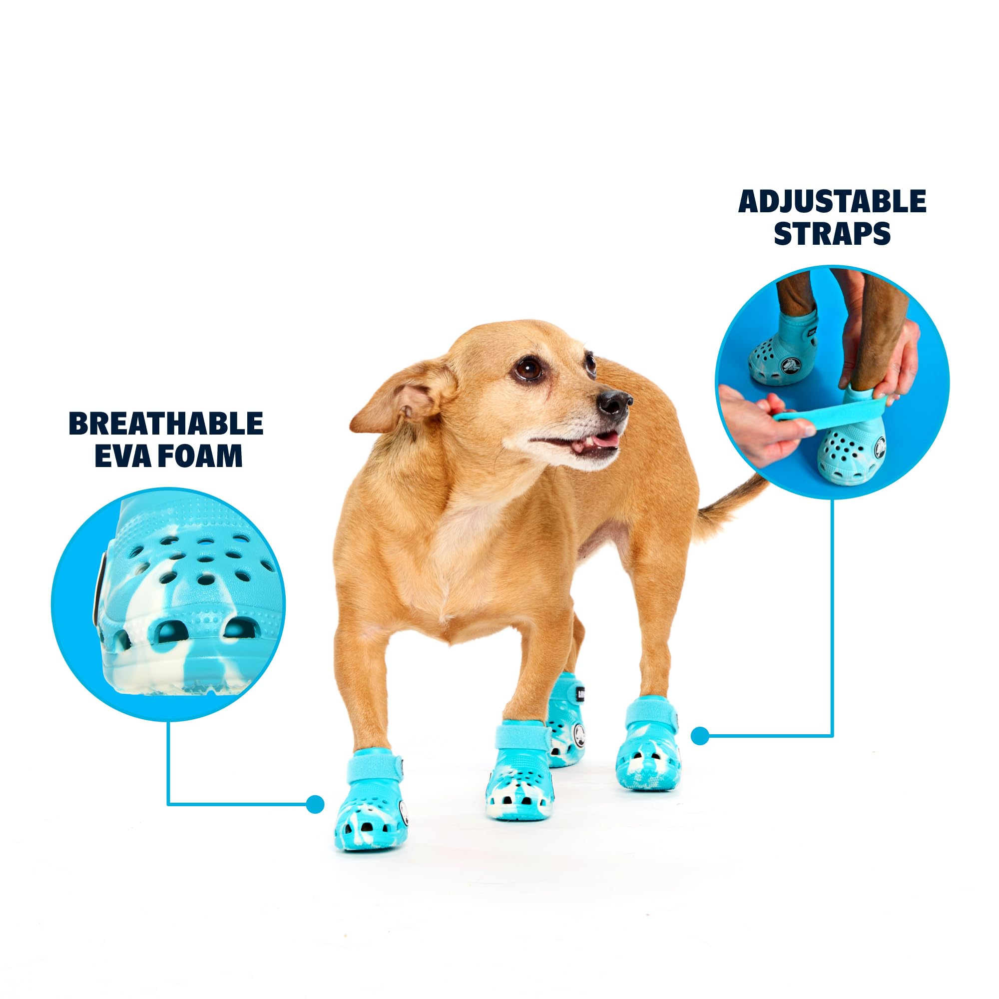 BarkBox Aqua Crocs dog shoes with non-slip soles grip sidewalks and grass.
