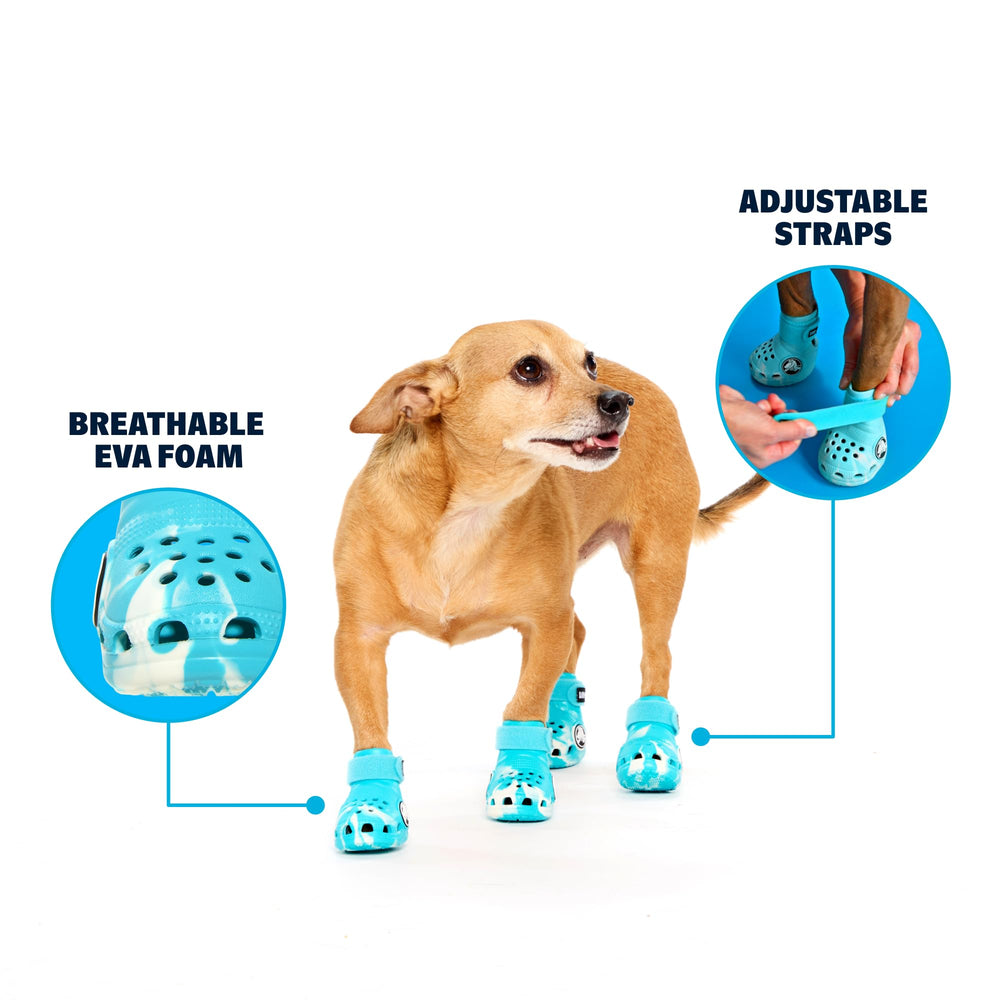 BarkBox Aqua Crocs dog shoes with non-slip soles grip sidewalks and grass.