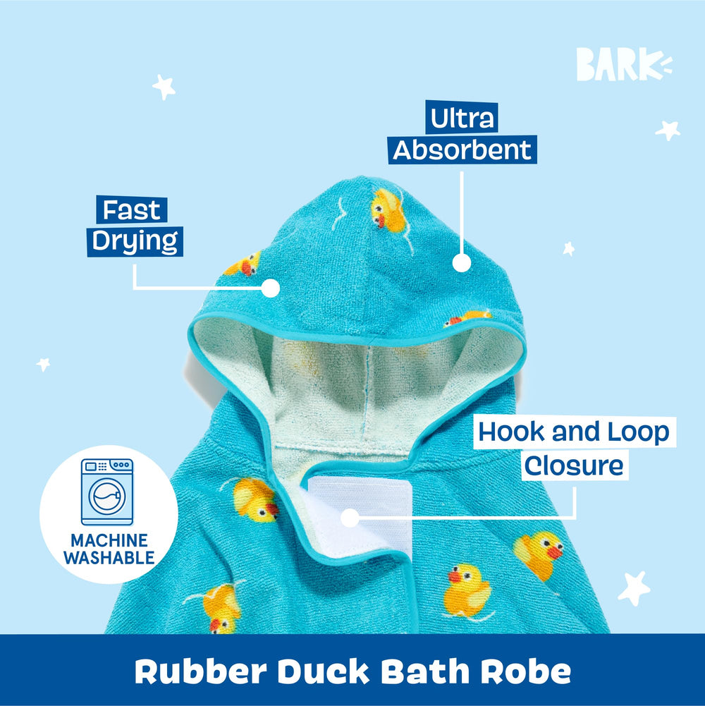 BarkBox bathrobe with hook-loop closure for a secure, snug fit.