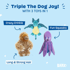 Gordon the Sloth from BarkBox jumbo squeaker inside boosts interactive play.