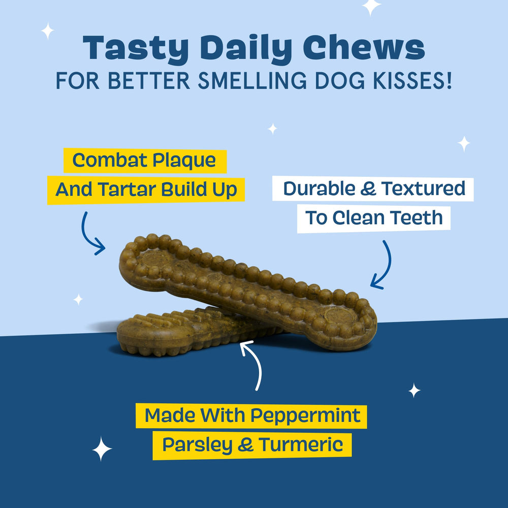 BARKBOX Bright durable dental chew sticks ridges closeup show gum massage.