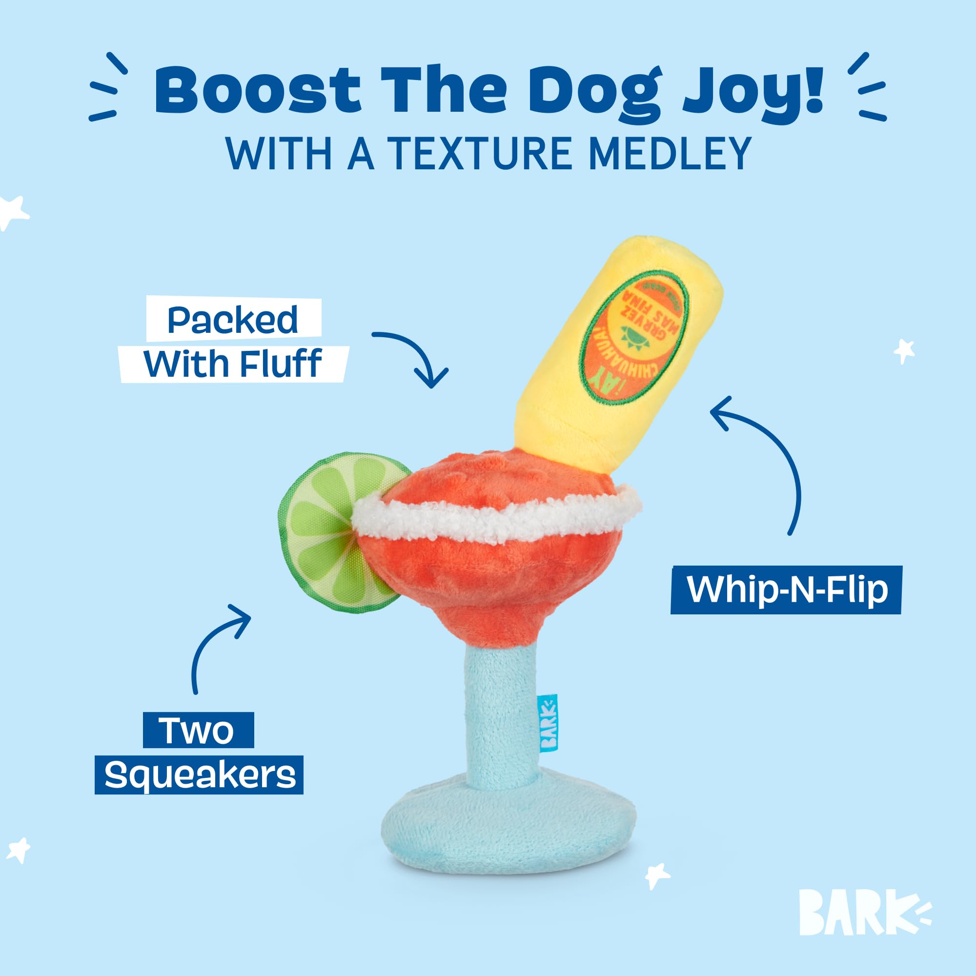 BarkBox Barkarita toy demonstrates whip-n-flip action ideal for shaking and tossing.