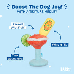 BarkBox Barkarita toy demonstrates whip-n-flip action ideal for shaking and tossing.