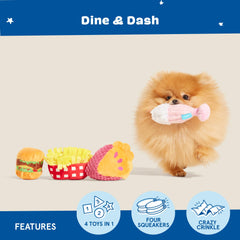 BarkBox Dine & Dash pie toy offers soft plush comfort and squeaks.