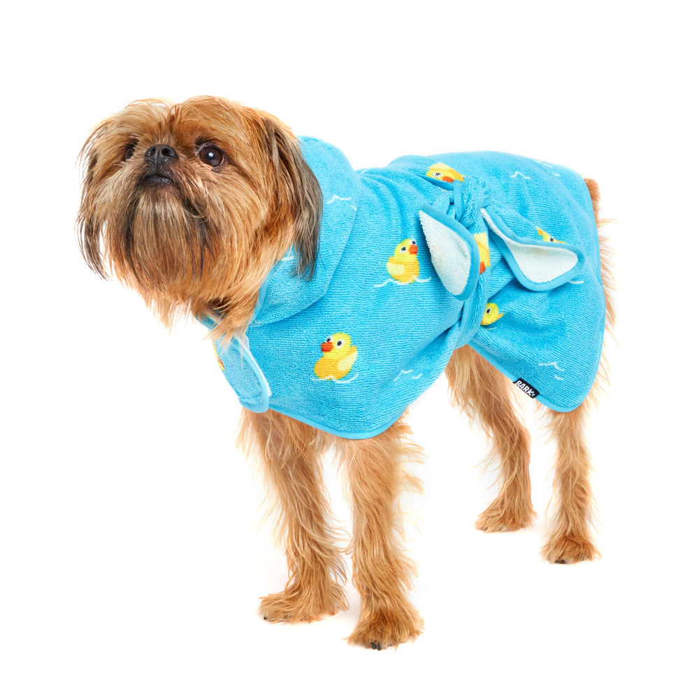 BarkBox dog bathrobe demonstrating fast-drying microfiber after bath for quick readiness