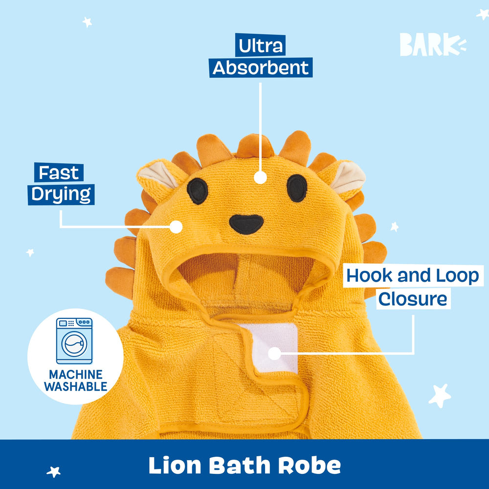 Barkbox dog bathrobe with hook and loop closure secures a snug fit