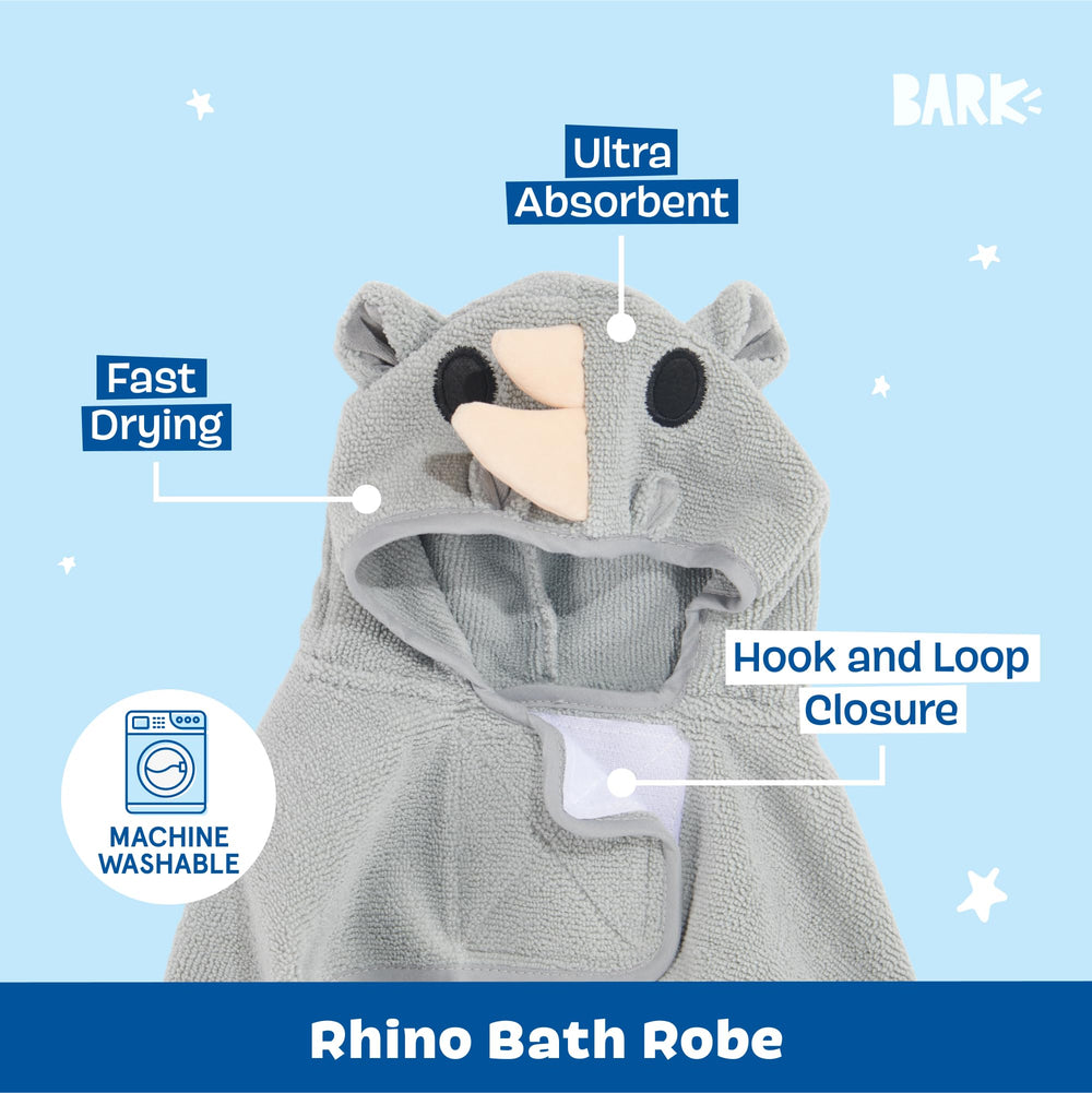 BarkBox bathrobe with hook-and-loop closure for secure fit.