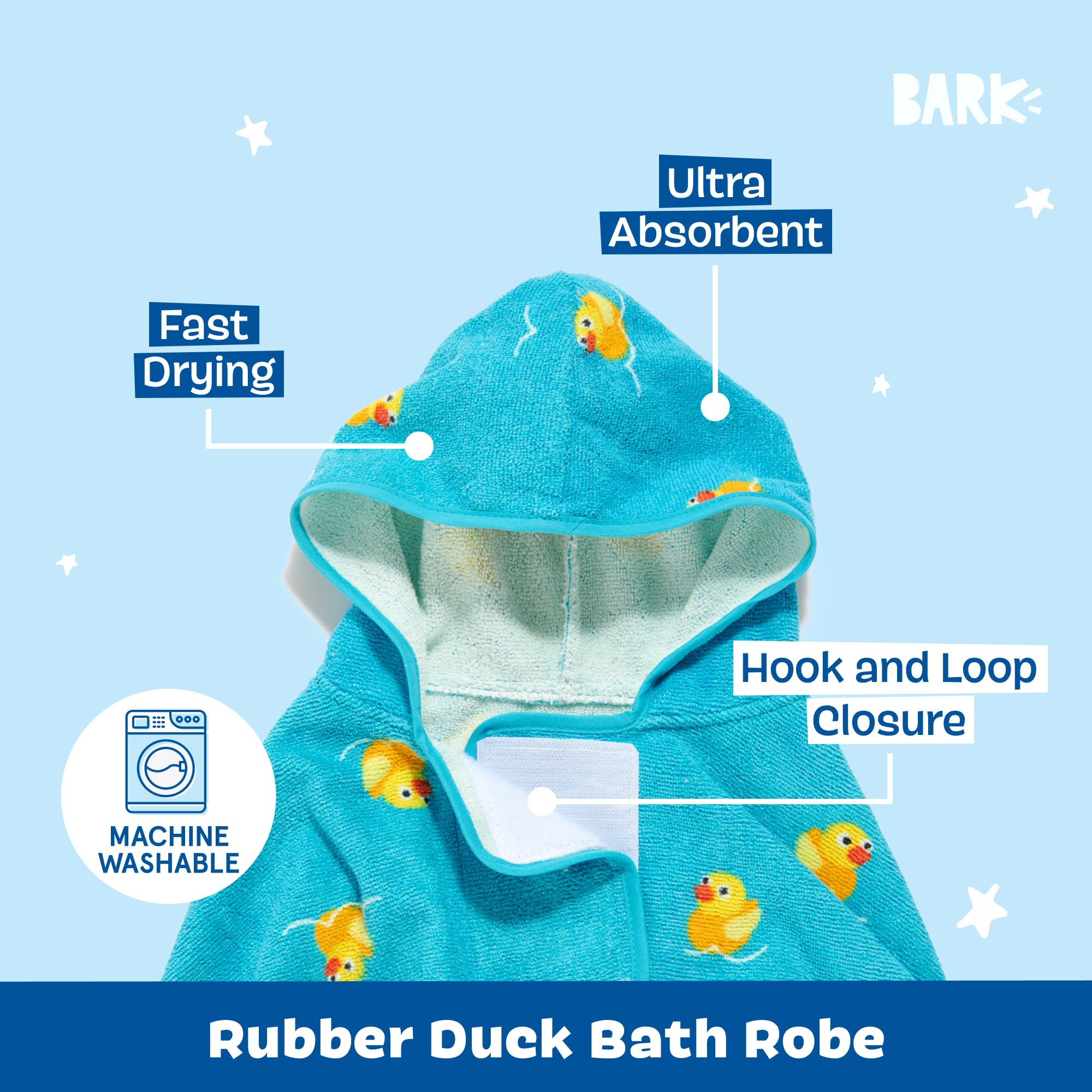 BarkBox bathrobe with hook-and-loop closure showing secure fit for drying
