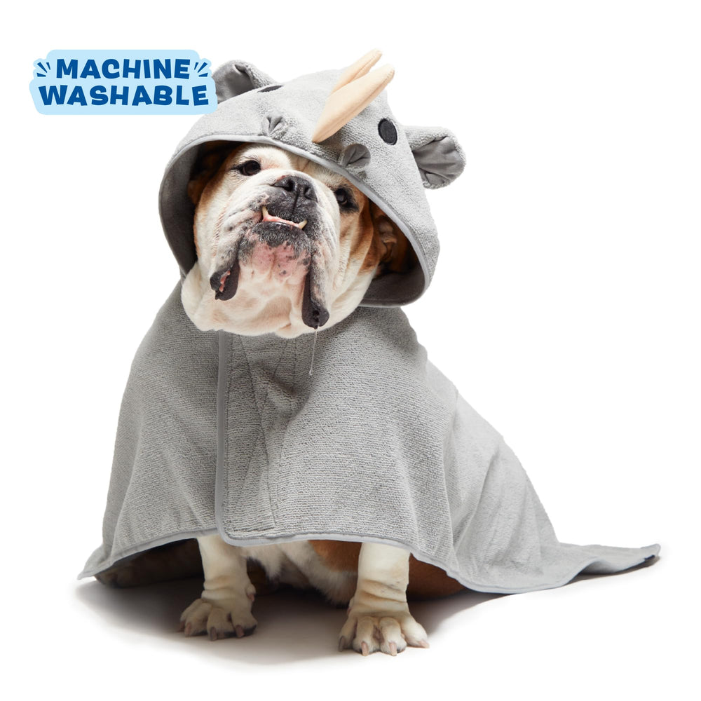 Pup dries quickly after bath wearing BarkBox bathrobe during post-bath snuggles.