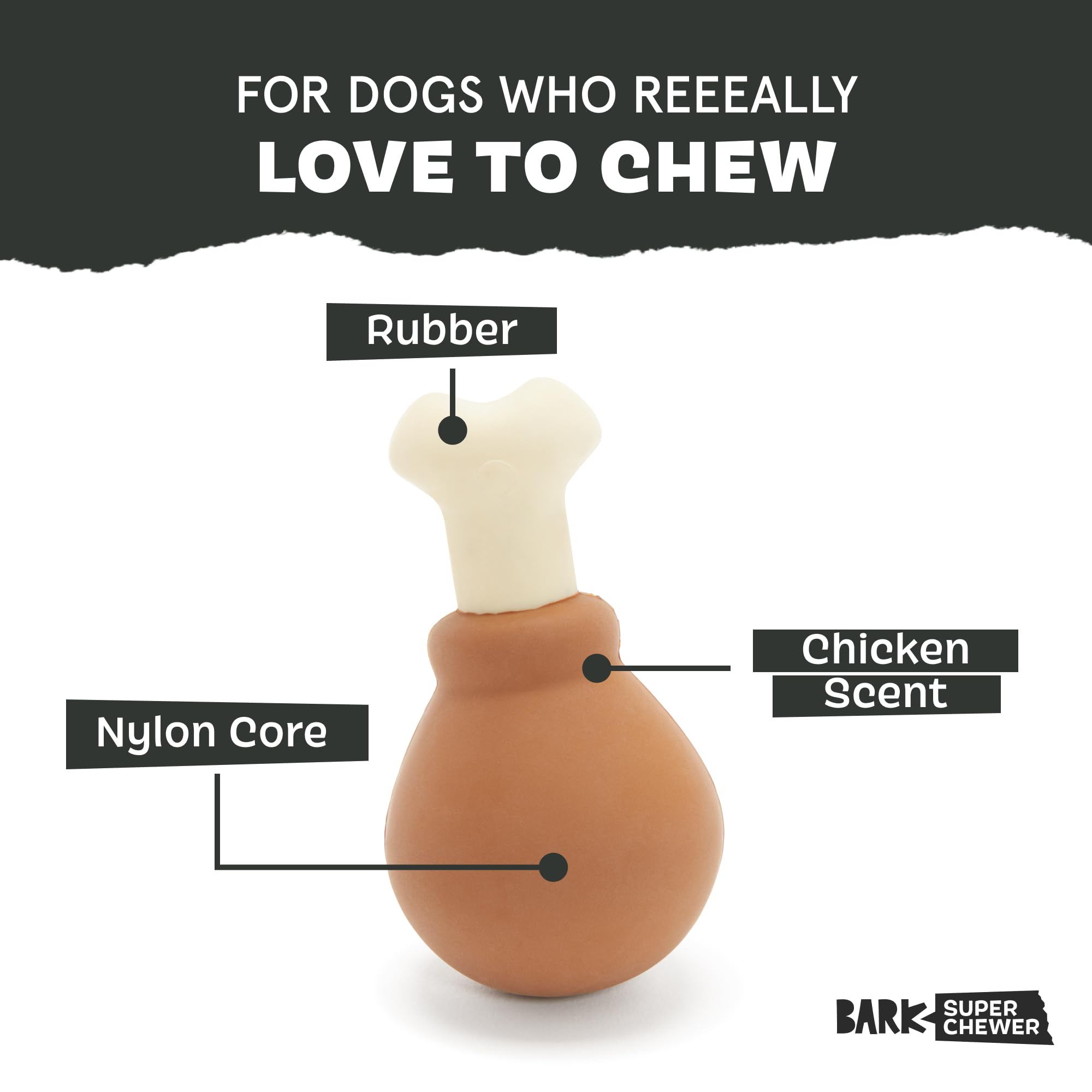 Barkbox durable rubber and nylon core supports tough chewers during longer play.