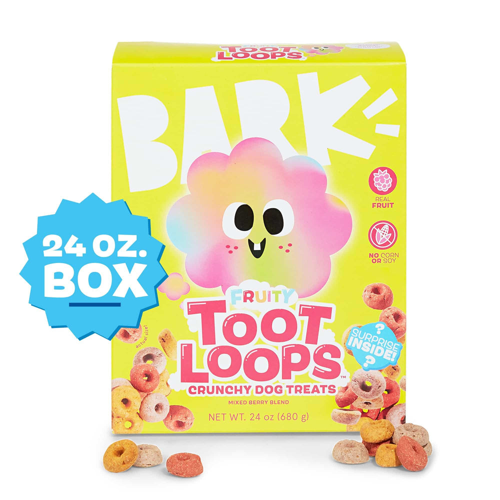 Close-up of mixed berries in BarkBox Fruity Toot Loops, natural flavor appeal.