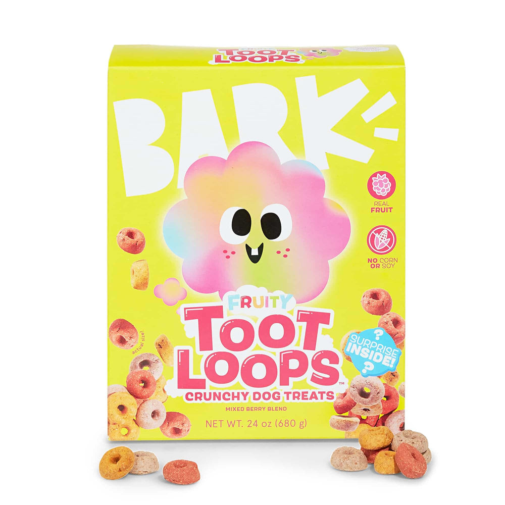 BarkBox Fruity Toot Loops in a bowl, a tasty daily reward for dogs.