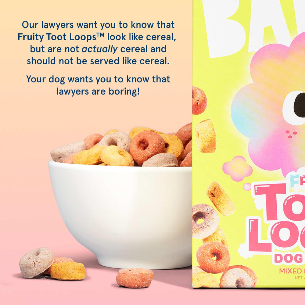 Nutritious grains in BarkBox Fruity Toot Loops support balanced snacking.