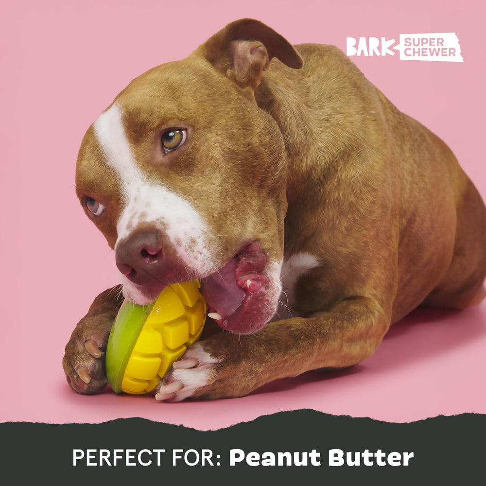 BarkBox Go Mango squeaker inside adds excitement on bites.