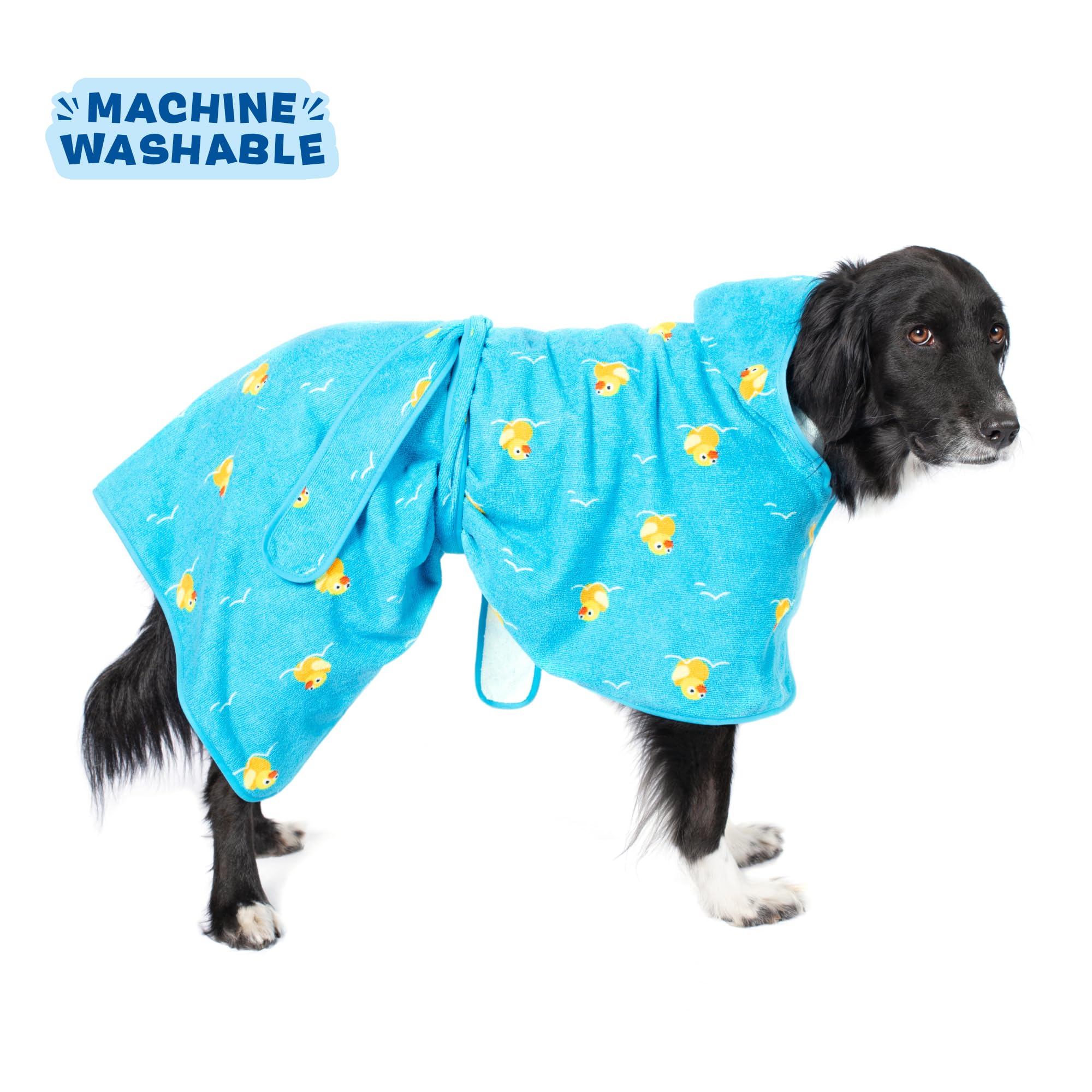 Large-dog BarkBox bathrobe 34x32 fits 50–70 lb companions.
