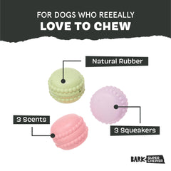 Barkbox Macaruffs squeaker close-up boosts interactive play for curious pups.