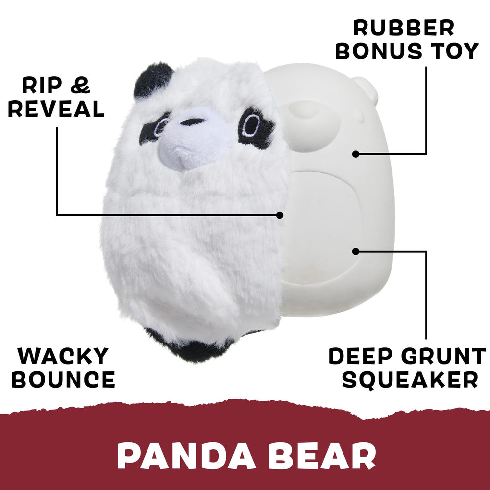 Panda plush layer over natural rubber core for resilience during play.