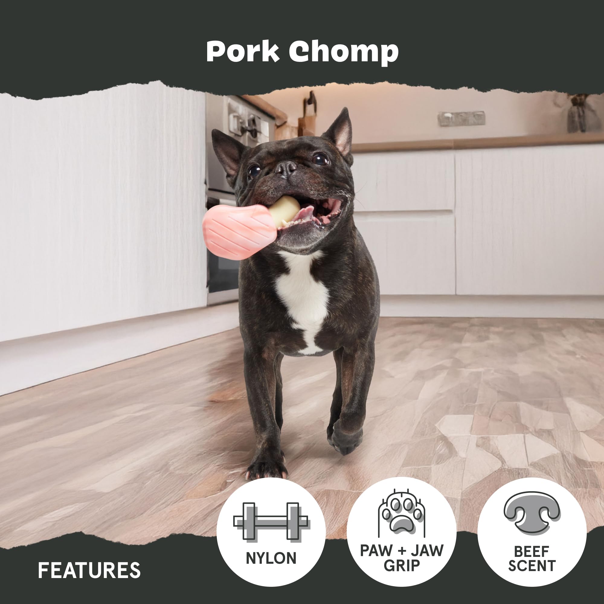 BarkBox Pork Chomp gnaw-friendly texture adds varied sensations to keep dogs engaged.