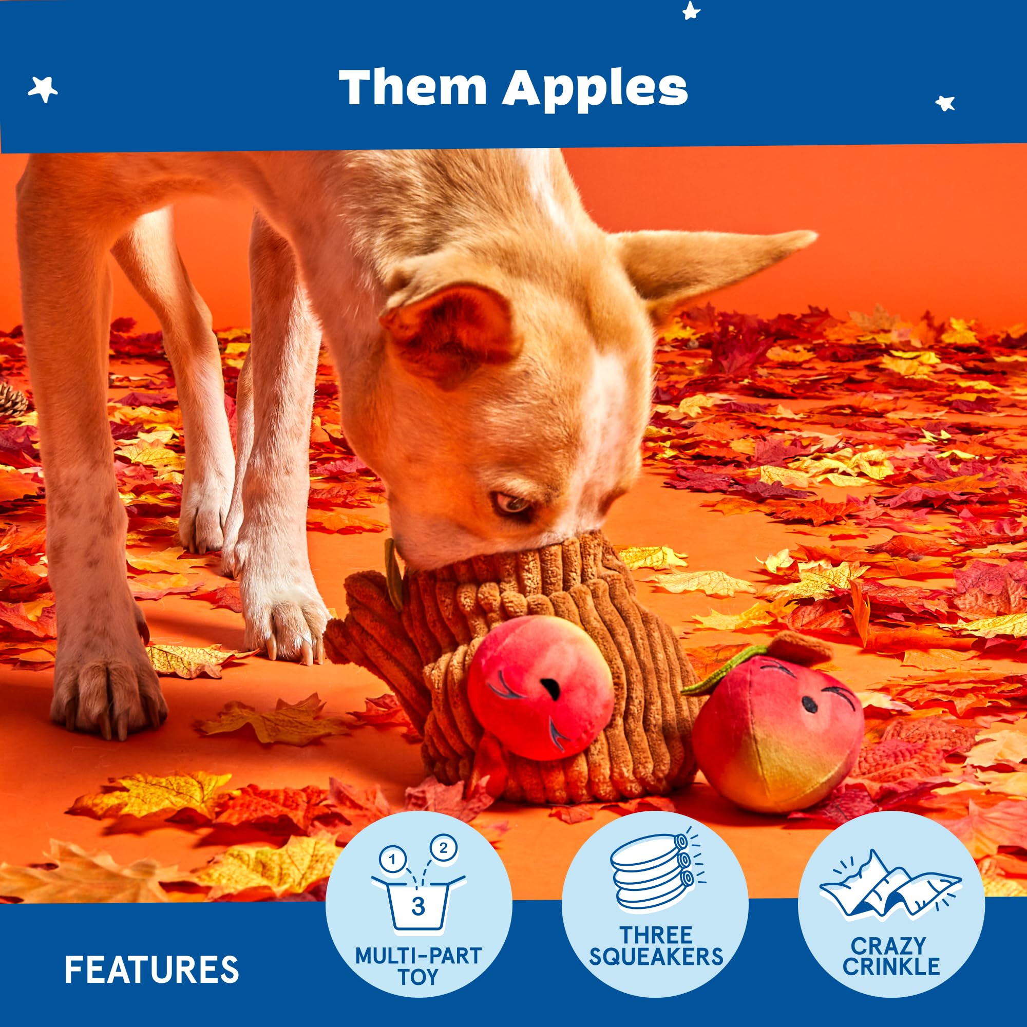 BarkBox Them Apples plush texture conveys softness and safety.