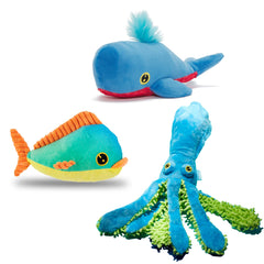 Barkbox Maggie Mahi dolphin toy with plush fluff and a squeaker for interactive play.