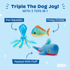 Barkbox Shify Sid the Squid squeaky toy with crinkly texture for active chew sessions.