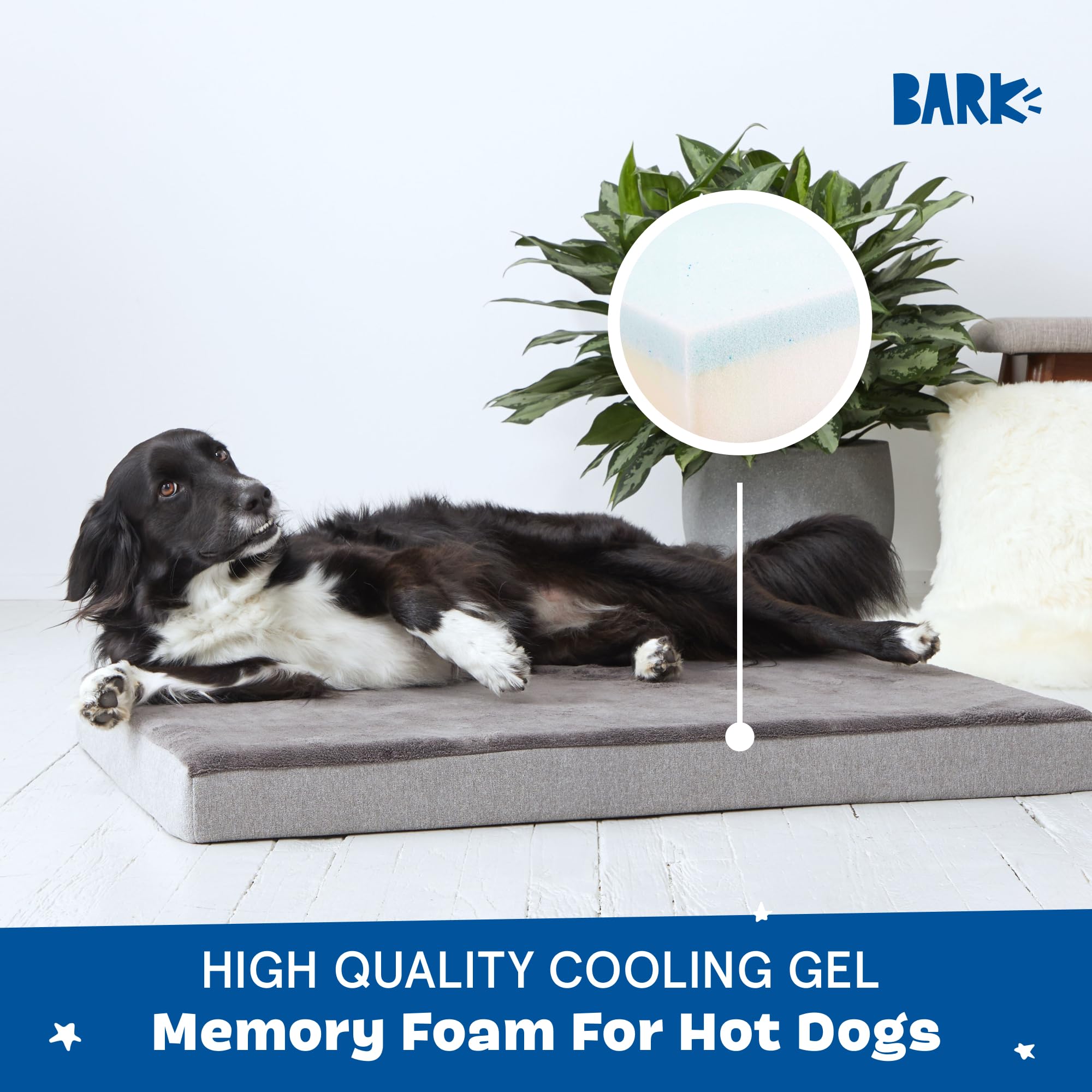 Barkbox bed with water-resistant cover protects against spills for easy care.