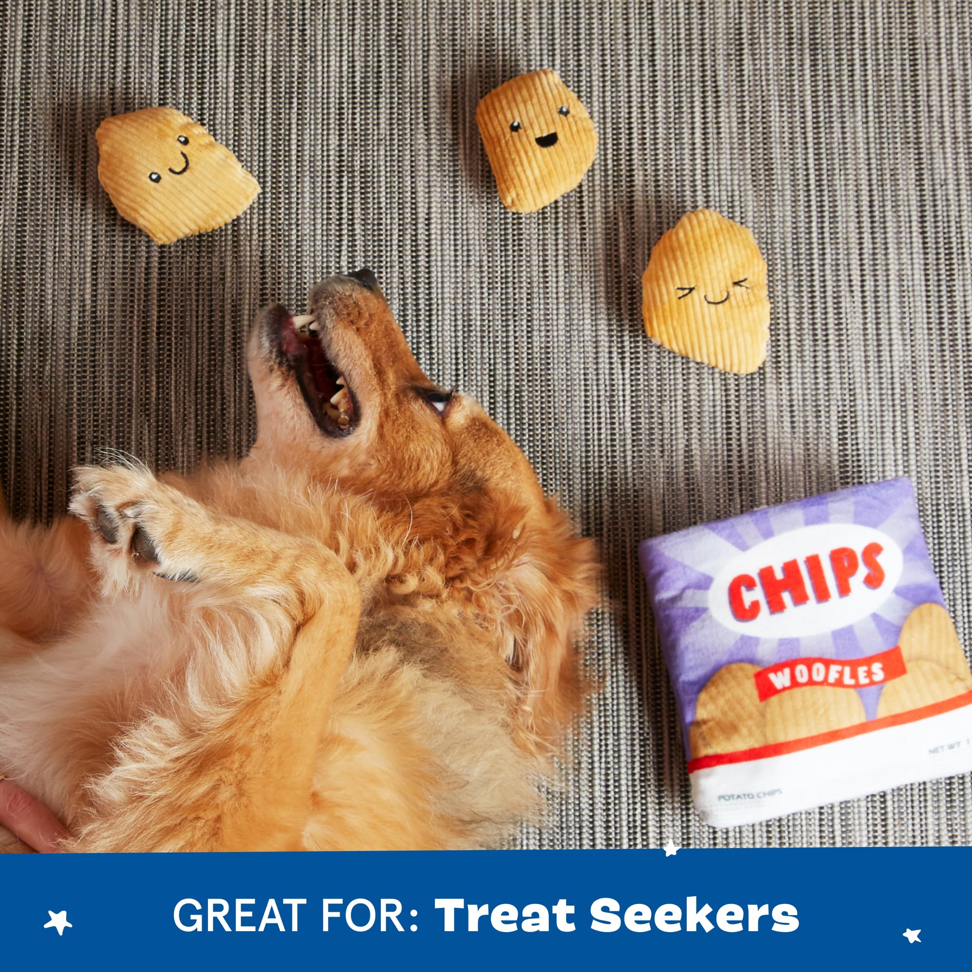 Barkbox Woofles Potato Chips crinkle texture enhances sensory exploration.