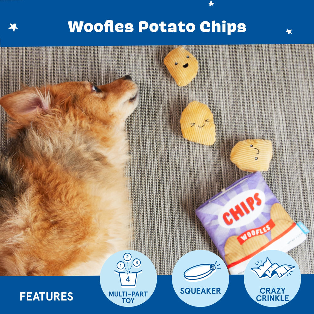 Barkbox Woofles Potato Chips inner squeaky ball provides surprising sounds.