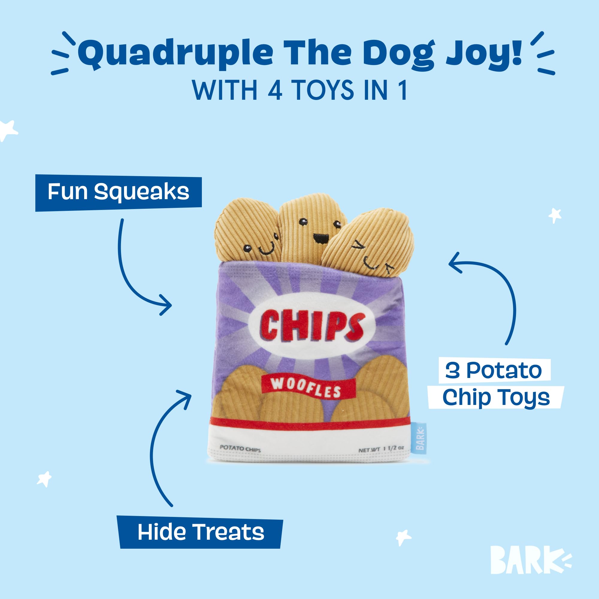Barkbox Woofles Potato Chips squeaker and crinkle layers boost engagement.