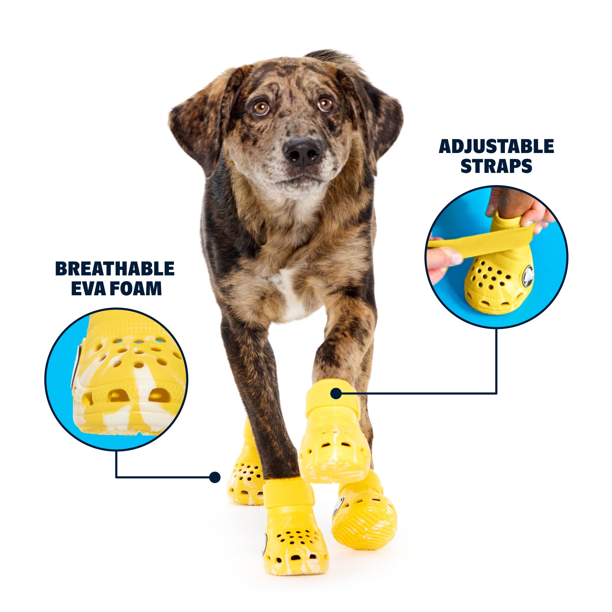 Close-up of adjustable strap on BarkBox yellow Crocs for secure, comfortable fit