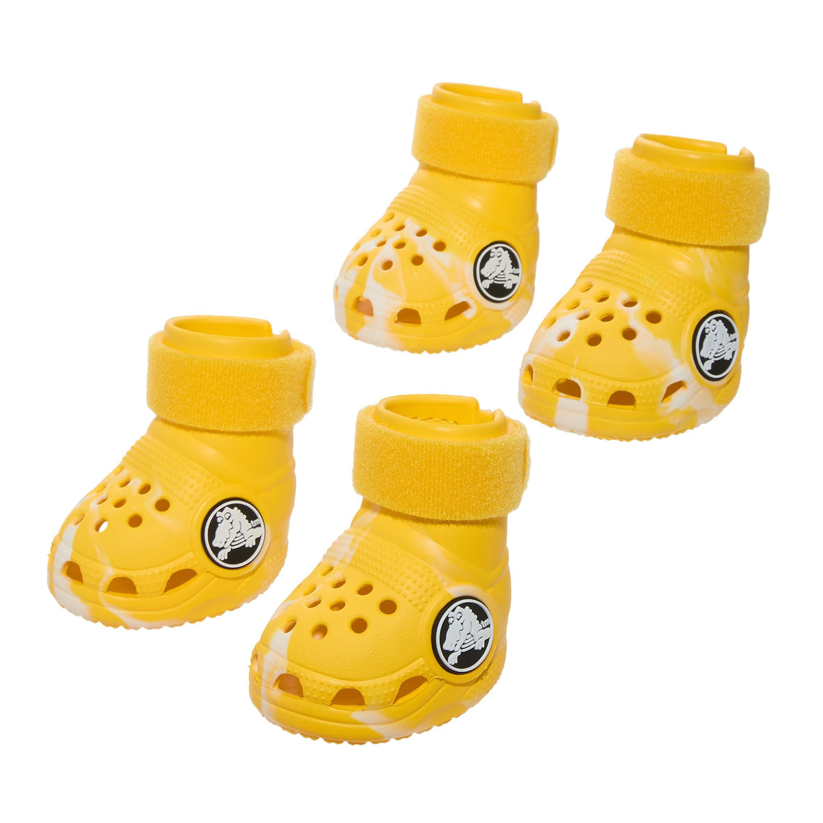 BarkBox Yellow Crocs dog shoes: four booties for paw protection on walks.
